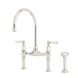 Ionian Deck Mixer with Lever Porcelain handles with Rinse in Chrome - Perrin & Rowe