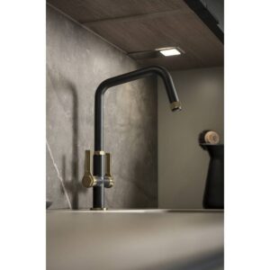 Hex Monobloc tap in Matt Black and Antique Brass - Abode