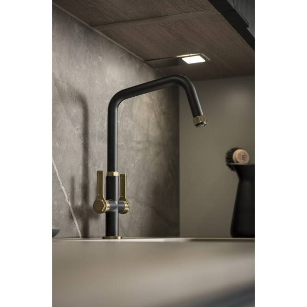 Hex Monobloc tap in Matt Black and Antique Brass - Abode