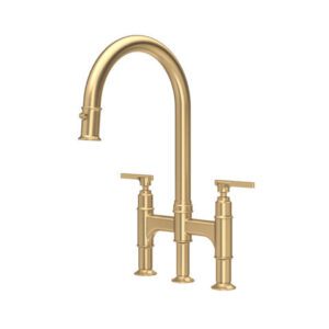 Southbank Bridge Deck mounted Sink Mixer Tap with Pull-Down Rinse in Satin Brass - Perrin & Rowe