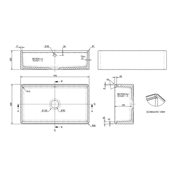 Single Bowl Butler Plain Fronted sink with interior ledge - Regis Range - Image 2