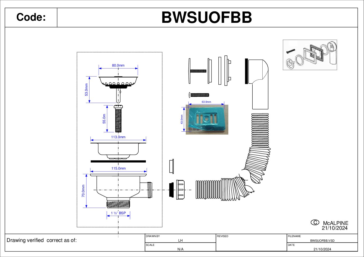 KSC1BN - 90mm waste with round and rectangular overflows in Brushed Nickel - Image 2