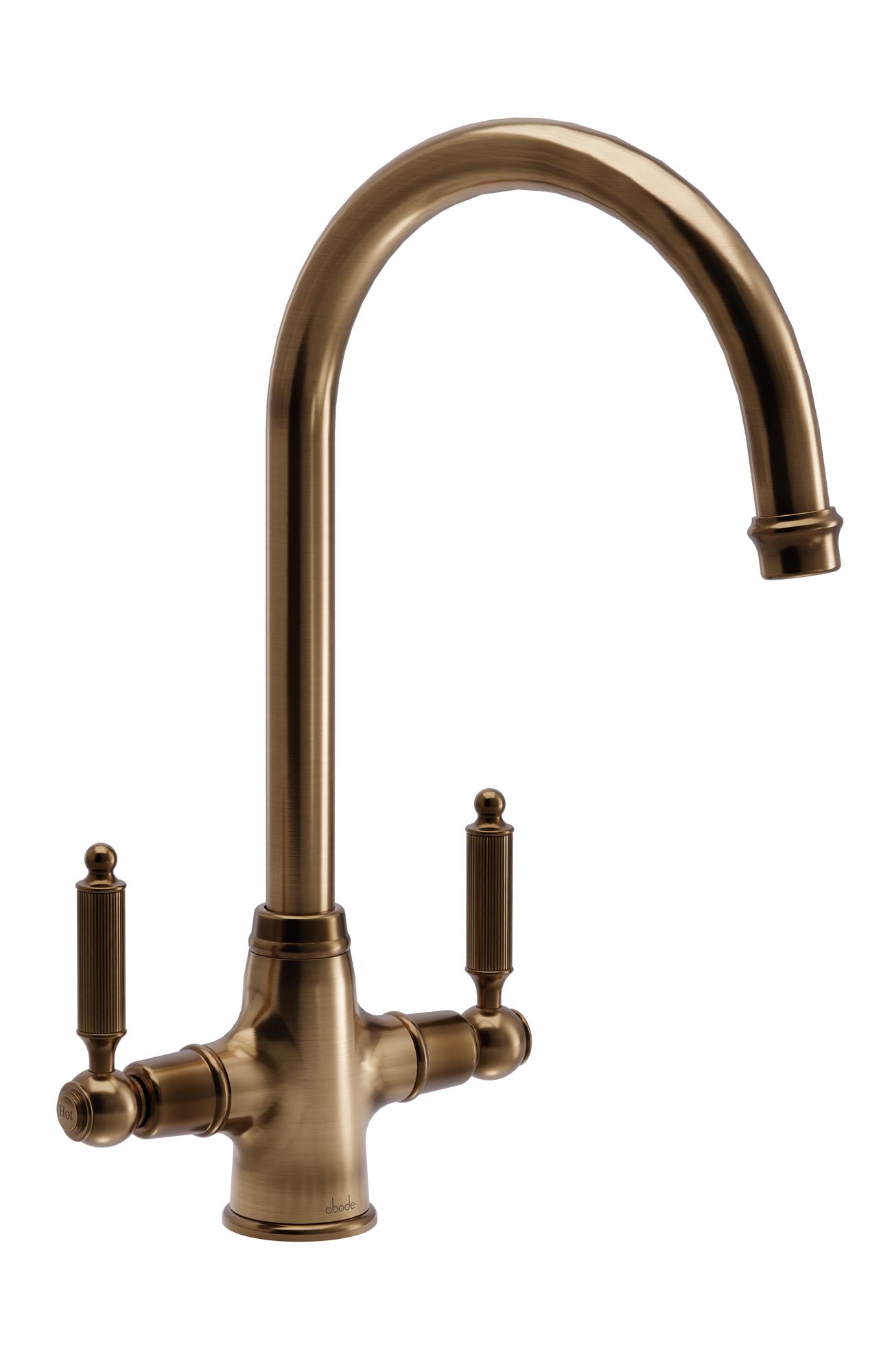 Ornate Monobloc tap with Twin Levers in Antique Brass - Abode